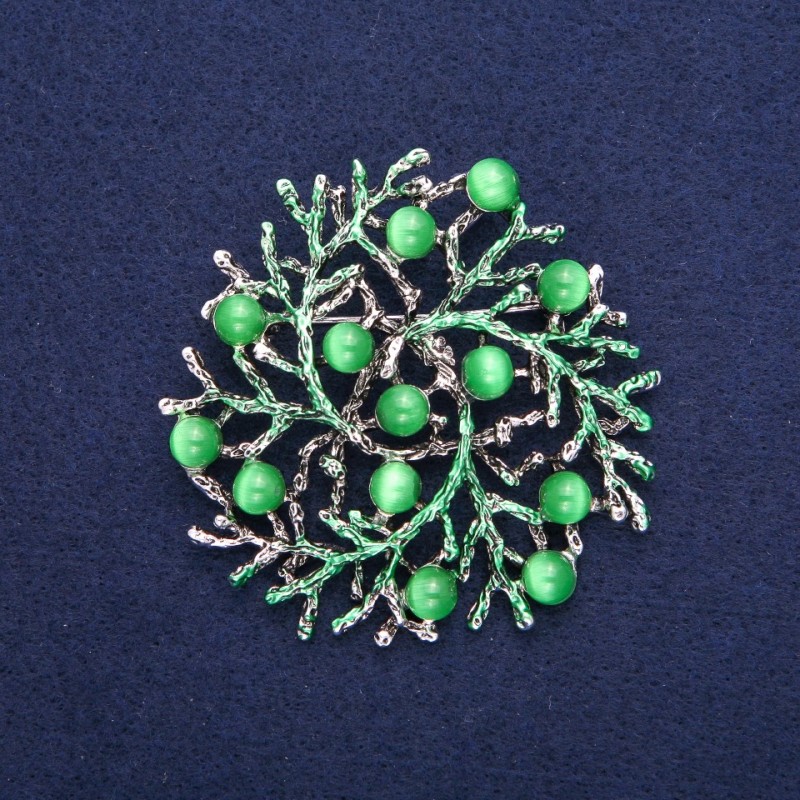'Twigs' Pendant Brooch with Cat's Eye, Green Enamel, Silver-Tone Metal, 60mm