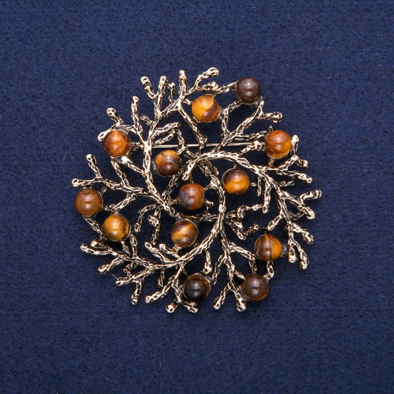 Twig Brooch Pendant with Natural Tiger's Eye Stone, Gold-Tone Metal 60mm