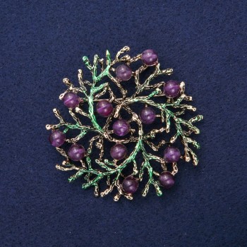 'Twigs' Brooch Pendant with Natural Amethyst, green enamel, gold-tone metal 60mm