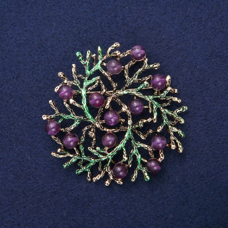 'Twigs' Brooch Pendant with Natural Amethyst, green enamel, gold-tone metal 60mm