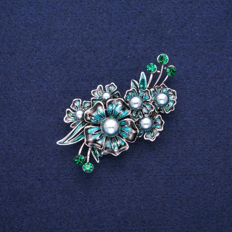 Bouquet Brooch with Pearl, Blue Enamel and Green Rhinestones, Silver-Tone Metal 33x58mm