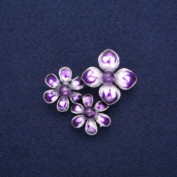 Flower Brooch Pendant with Amethyst and Purple Enamel, Silver-Tone Metal 36x46mm