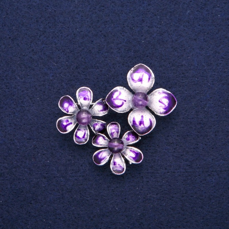 Flower Brooch Pendant with Amethyst and Purple Enamel, Silver-Tone Metal 36x46mm