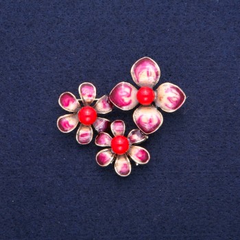 Flower Brooch Pendant with Coral and Burgundy Enamel, Gold-Tone Metal 36x46mm