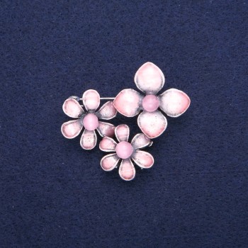 "Flowers with Pink Cat's Eye" Brooch-Pendant with Enamel, silvery metal 36x46mm