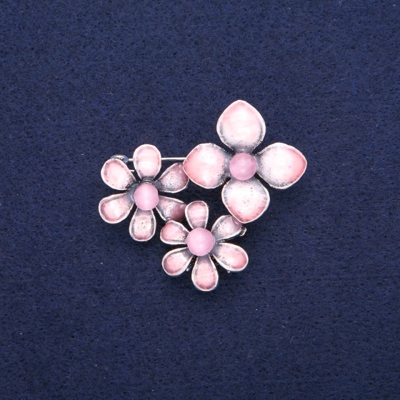 "Flowers with Pink Cat's Eye" Brooch-Pendant with Enamel, silvery metal 36x46mm