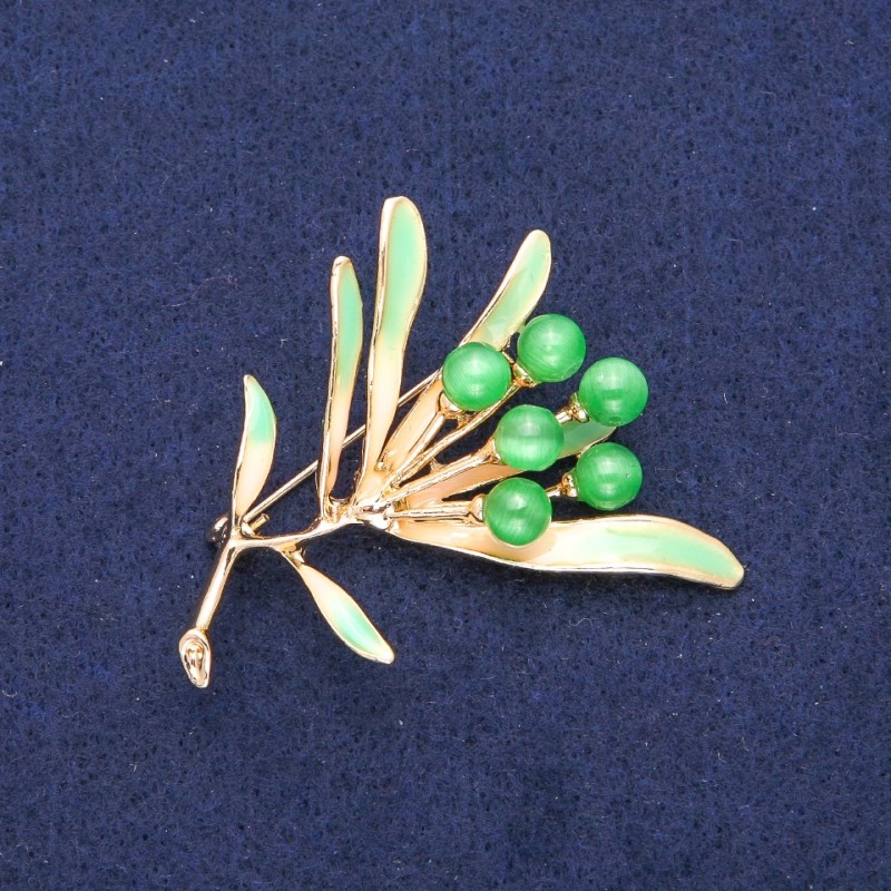 Flower Brooch with Cat's Eye, Green Enamel, Gold-Tone Metal 42x51mm