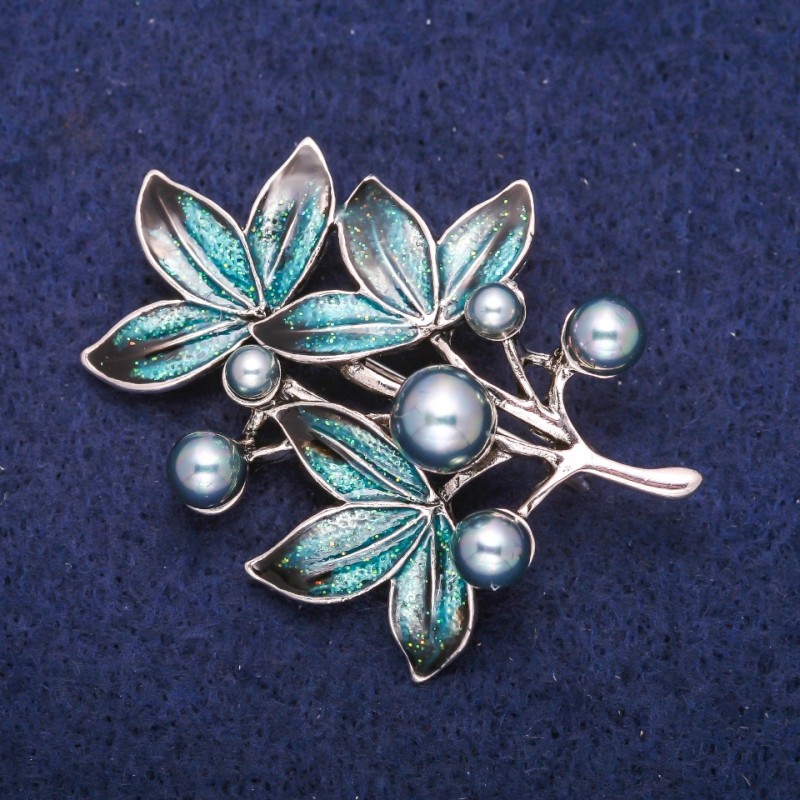 "Twig with Pearl" Brooch with Enamel, silvery metal 38x47mm