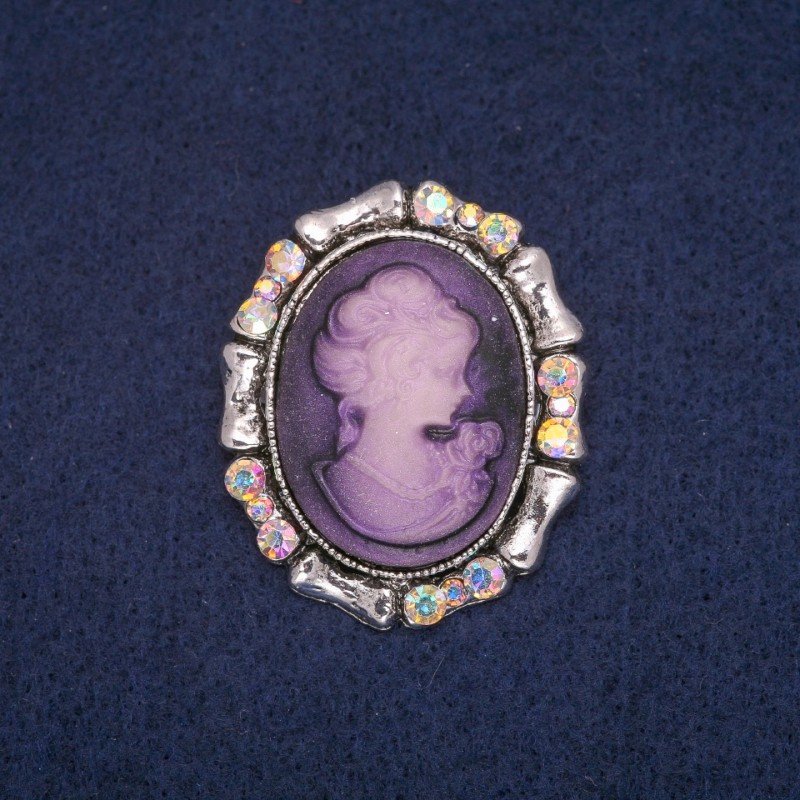 Cameo Brooch with Rainbow Rhinestones, Silver-Tone Metal 33x40mm