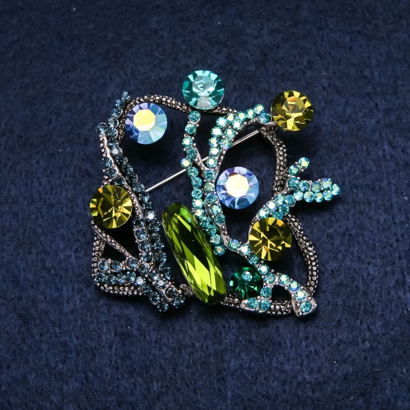 Sea Accent Brooch 55x55mm, Green Blue Rhinestones, Gold-Tone Metal
