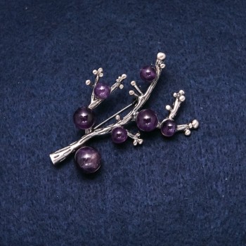Brooch with Natural Amethyst Stone 58x45mm Violet Colour Silver-Tone Metal