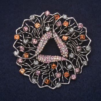 Accent Brooch 53x53mm, Blue Yellow Lilac Rhinestones, Silver-Tone Metal
