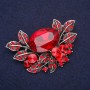Large 'Accent' Brooch with Botanical Design, Rhinestones and Red Stone, 67x45mm, Silver-Tone Metal
