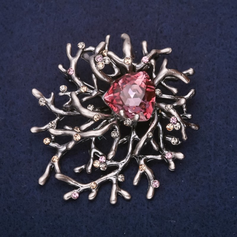 Large 'Accent' Brooch with Rhinestones and Lilac Stone, 58x62mm, Silver-Tone Metal