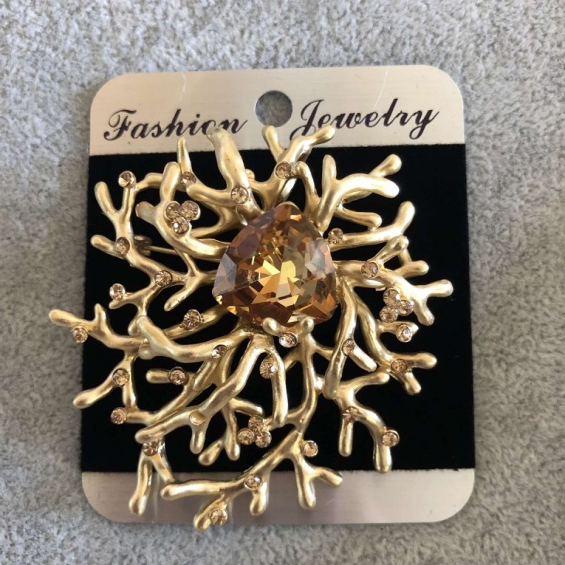 Large Accent Brooch with Rhinestones and Yellow Stone, 58x62mm, Golden Metal