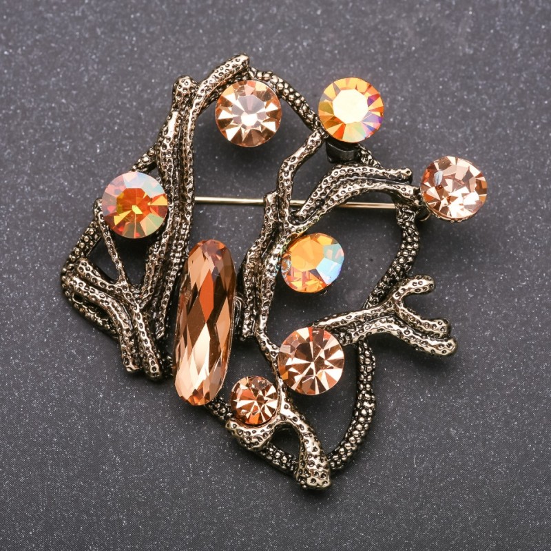 Large Accent Brooch with Yellow "Chameleon" Crystals, Yellow Metal, 55x55mm