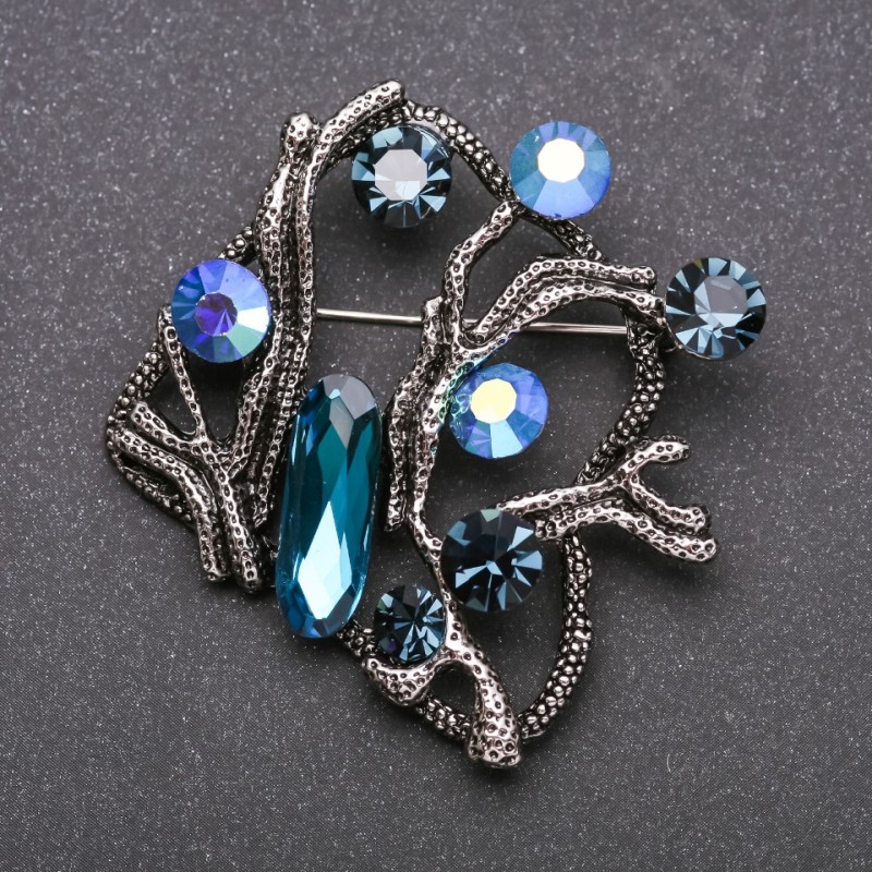 Large Accent Brooch with Blue "Chameleon" Crystals, Metal, 55x55mm