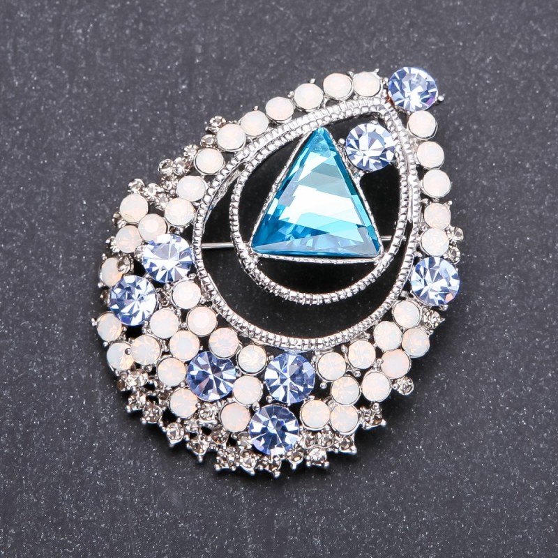 Brooch with Light Blue Crystal 44x56mm white metal