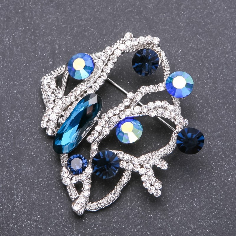 Brooch with Blue Crystals in White Rhinestones 56x53mm, White Metal