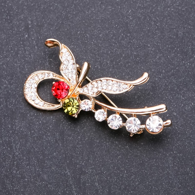 Brooch Butterfly with Multicoloured Rhinestones 55x25mm Yellow Metal