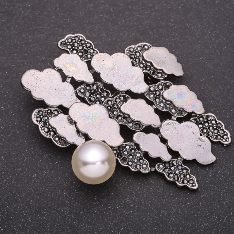 Brooch Clouds with Black Rhinestones 68x50mm Grey Metal