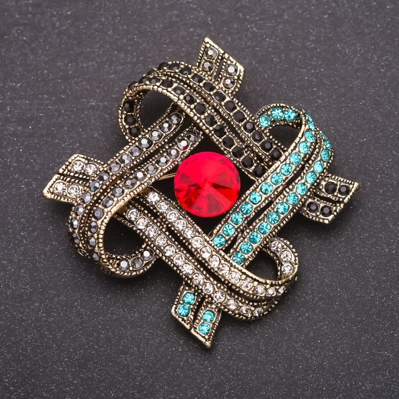 Brooch with Red Crystal, Blue and Grey Rhinestones 47x59mm Yellow Metal