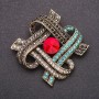 Brooch with Red Crystal, Blue and Grey Rhinestones 47x59mm Yellow Metal