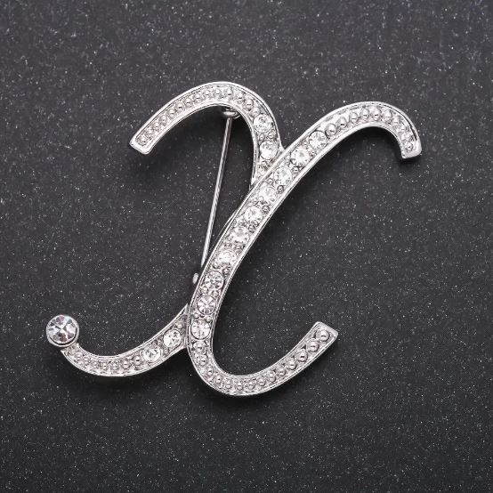 Initial Brooch Letter "X" White Rhinestones Grey Metal 43x38mm