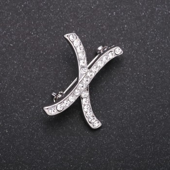 Initial Brooch Letter "X" White Rhinestones Grey Metal 27x21mm
