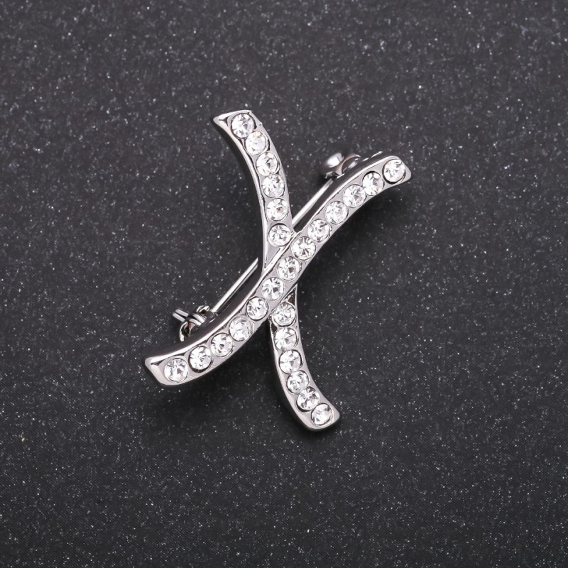 Initial Brooch Letter "X" White Rhinestones Grey Metal 27x21mm