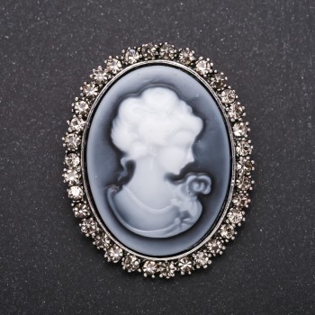 Cameo Brooch with "Satin" Rhinestones, Grey Metal, 50x40mm