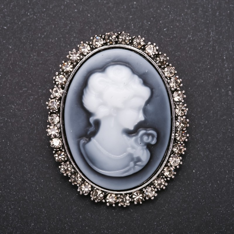 Cameo Brooch with "Satin" Rhinestones, Grey Metal, 50x40mm