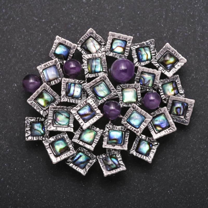 Brooch-Pendant "Accent" Series with Abalone and Amethyst, Metal Colour 57x49mm