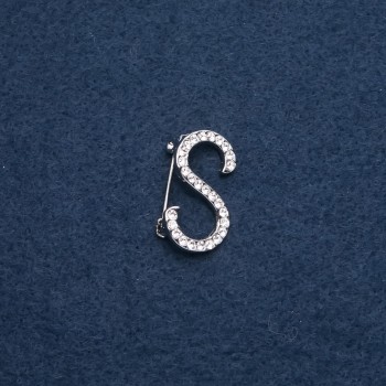 Initial "S" Letter Brooch 28x17mm, Silver-Tone Metal