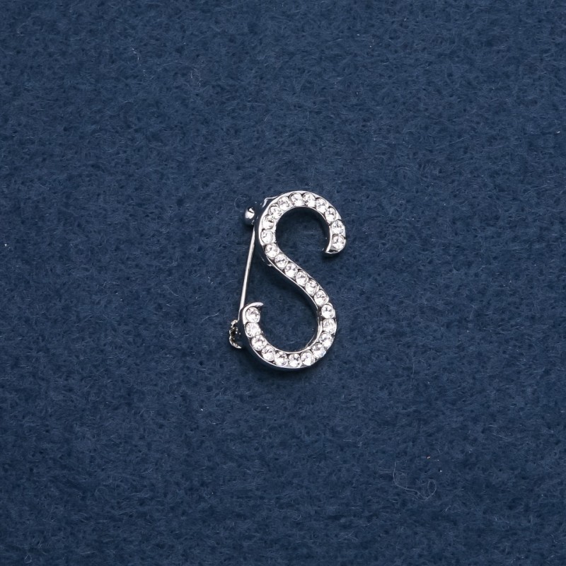 Initial "S" Letter Brooch 28x17mm, Silver-Tone Metal