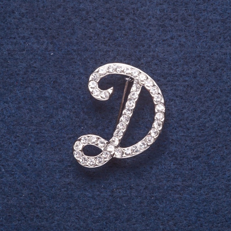 Initial Letter "D" Brooch, Silver-Tone Metal 3x2cm