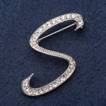 Initial Letter "S" Brooch Series, 3x3cm, Grey Metal, Rhinestones