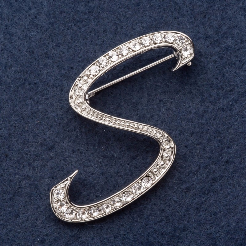 Initial Letter "S" Brooch Series, 3x3cm, Grey Metal, Rhinestones