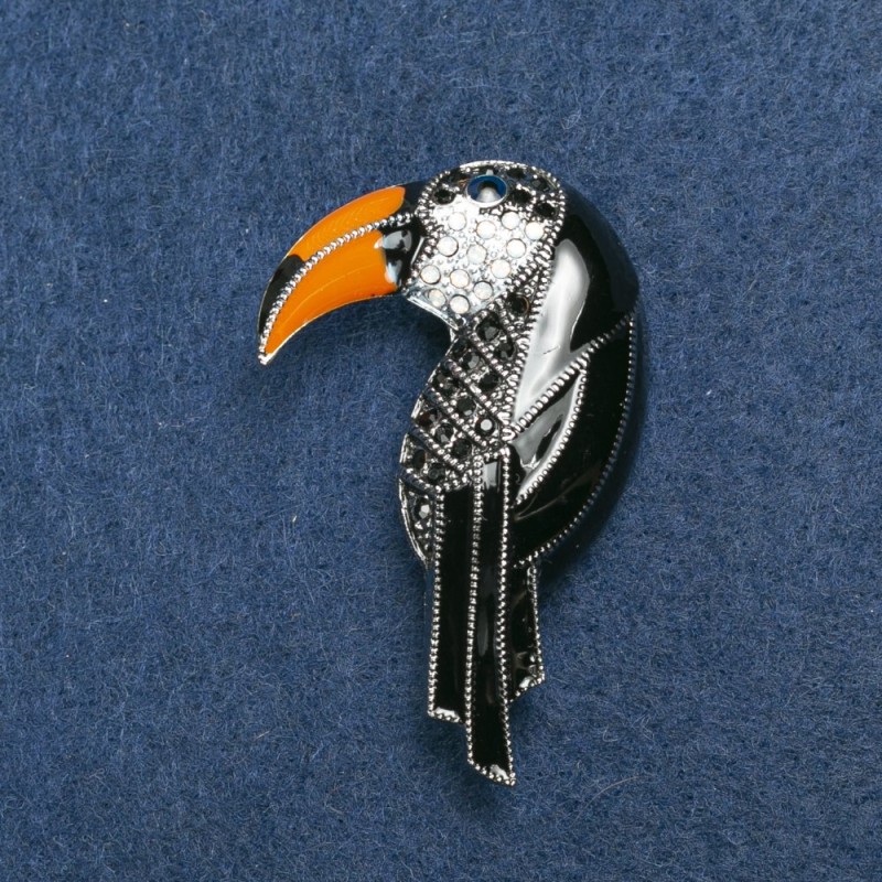 Toucan Brooch Silver-Tone Metal, Enamel and Rhinestones 36x16mm +