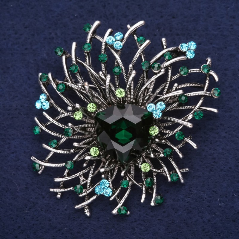 Large Accent Brooch with Rhinestones and Stone, sea-wave blue-green colour 44x42mm, silver-tone metal