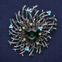 Large Accent Brooch with Rhinestones and Stone, sea-wave blue-green colour 44x42mm, silver-tone metal