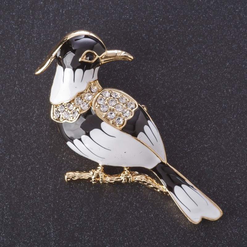 Ibis Bird Brooch, Black and White Enamel, Gold-tone Metal, Feathered Series, 5.5x3cm