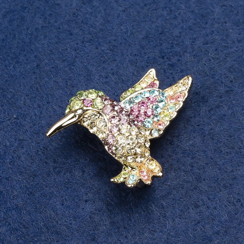 Hummingbird Brooch, Gold-Tone Metal and Rhinestones, 25x33mm +