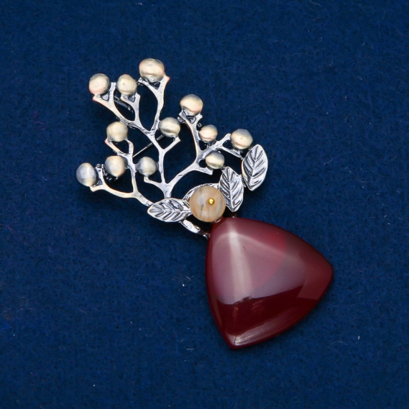 Brooch with Carnelian 74x32mm with a bead, silver metal with gold-tone plating