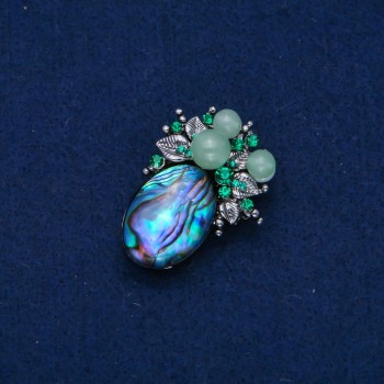 Accent Brooch, 42x30mm, Crystals, Haliotis Cabochon with Beads and Crystals, Silver-Tone Metal