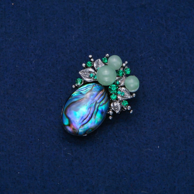 Accent Brooch, 42x30mm, Crystals, Haliotis Cabochon with Beads and Crystals, Silver-Tone Metal