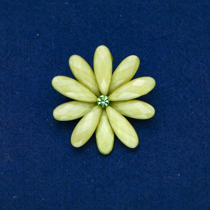 Flower Brooch, lime green and grey metal 48mm +
