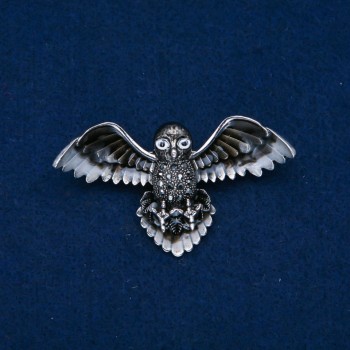 Bird Brooch with Enamel and Grey Rhinestones, Silver-tone Metal, 65x35mm