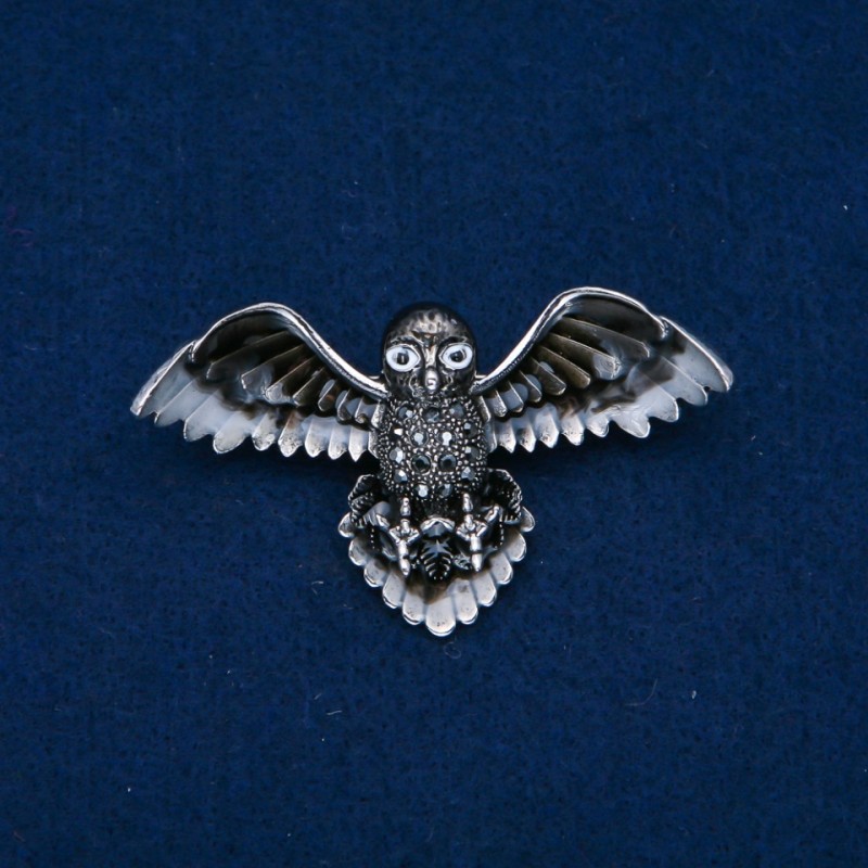 Bird Brooch with Enamel and Grey Rhinestones, Silver-tone Metal, 65x35mm