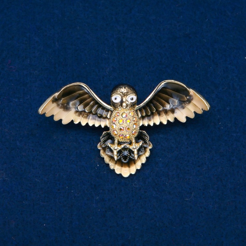 Bird Brooch with Enamel and Gold-tone Petrol Rhinestones, Gold-tone Metal, 65x35mm